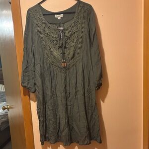 Elegant Long Sleeve Lace Dress - Olive Green